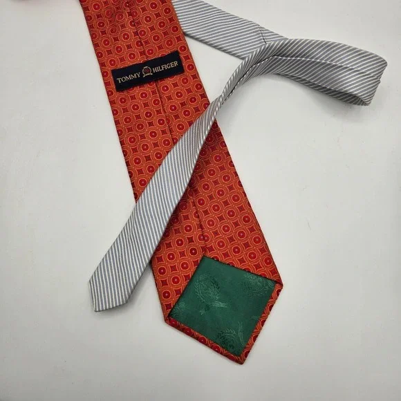 Y2K Tommy Hilfiger Mens Silk Tie 2 Toned‎ Geometric & Repp 58"x3.75" Prepppy USA - Picture 2 of 5